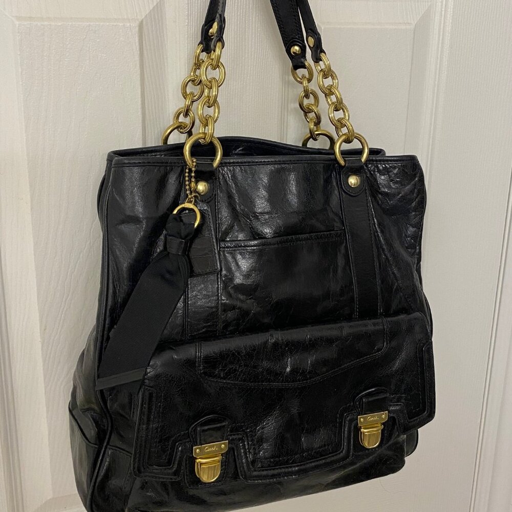 Coach Black Leather Tote with Gold Accents